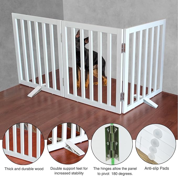 ZJSF Freestanding Indoor Dog Gate for House Foldable Wood White Puppy Gate for Doorways Pet Gate for Stairs Extra Wide Pet Fence 32" Height 3 Panels