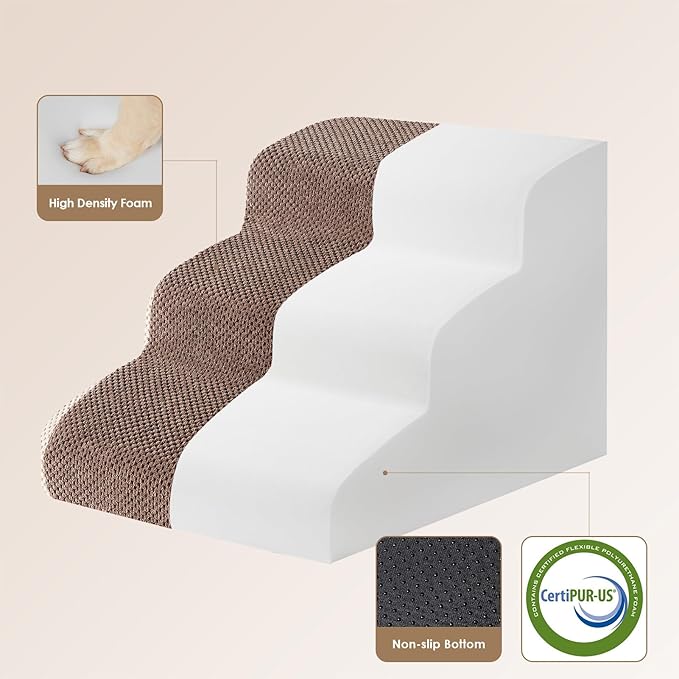 EHEYCIGA Curved Dog Stairs Ramp for Small Dogs 15.7" H, 3-Step Dog Steps for Couch Sofa and Chair, Pet Stairs for Cats, Non-Slip Balanced Pet Steps Indoor, Brown