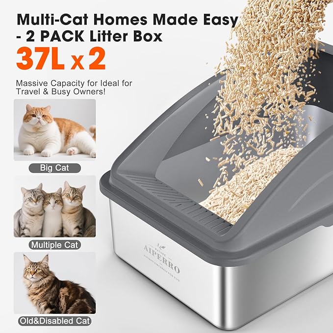 2 Pack Stainless Steel Litter Box | XL Enclosed Cat Litter Boxes with Lid for Big Cats and Multi-Cats | High Sided, Anti-Urine Leakage | Non-Stick Bottom（Multi-Colored）