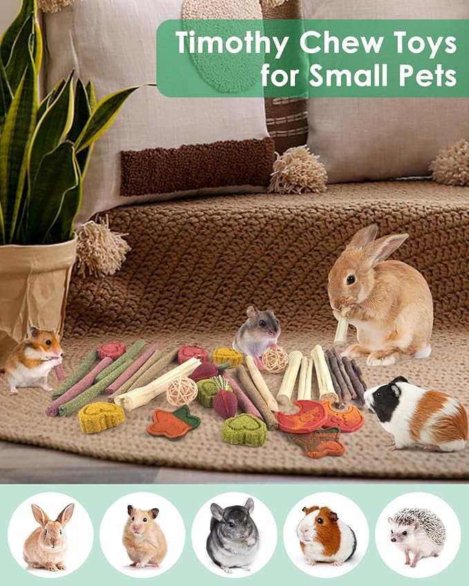 ERKOON 33PCS Bunny Chew Toys for Rabbits Teeth, Natural Rabbit Toys Apple Wood Sticks, Carrot, Timothy Grass Toys for Small Pets, Hamster, Chinchilla, Guinea Pig Dental Care and Treat Teething Toys