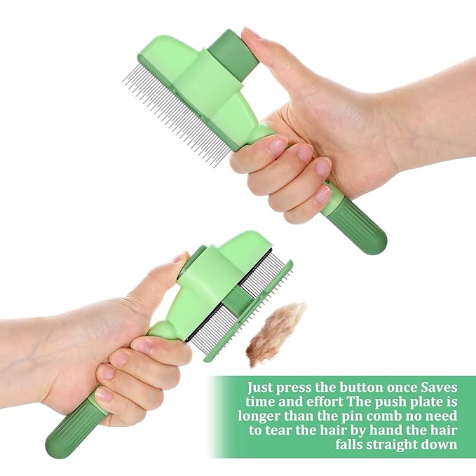 Flea Comb for Cats Dogs Brush for Shedding with Release Button Fine Tooth Pet Hair Removal Comb with Long & Short Stainless Steel Teeth for Deshedding Self-Cleaning Brush for Cat Dog Small Pets