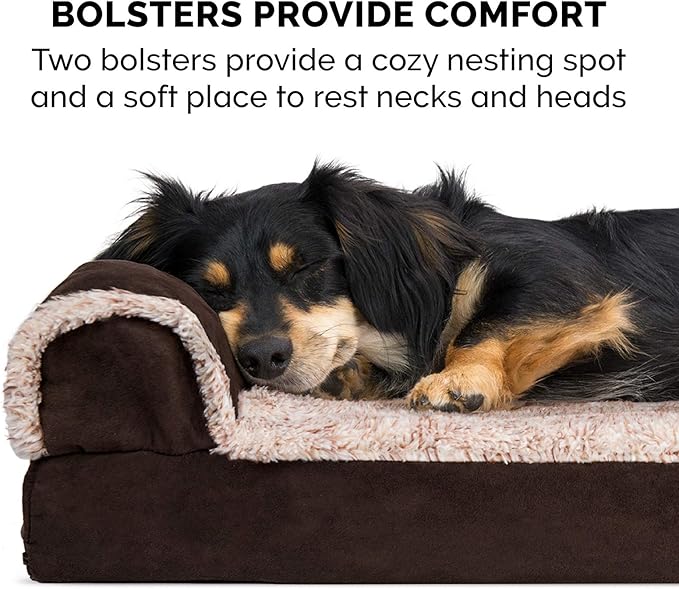 Furhaven Cooling Gel Dog Bed for Large/Medium Dogs w/ Removable Bolsters & Washable Cover, For Dogs Up to 55 lbs - Two-Tone Plush Faux Fur & Suede L Shaped Chaise - Espresso, Large