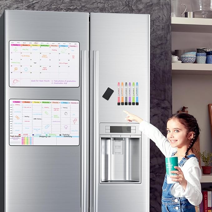 POPRUN Dry Erase Calendar weekly and monthly self adhesive stick on non-magnetic stainless fridge & Glass & Wall & wooden (any smooth surface) Schedule Board with Time Slots for Office and Family