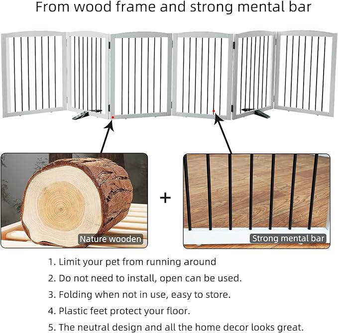 Freestanding Panel Dog Gate for Indoor, Doorways,Stairs, or Hallways,Foldable Wooden Dog Gates for House,Pet Gate for Dogs,Dog Fence, Puppy Gate,Support Feet Included,32 "Height-6 Panels,White