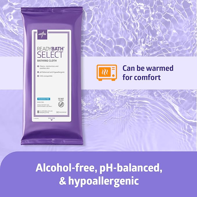 Medline Readybath Body Wipes, Shower and Bath for Adults, No Rinse Disposable Washcloths, Extra Thick, Hypoallergenic, Alcohol-Free, Aloe-Infused, Unscented, 240 Count (30 Packs), 8x8 Inch