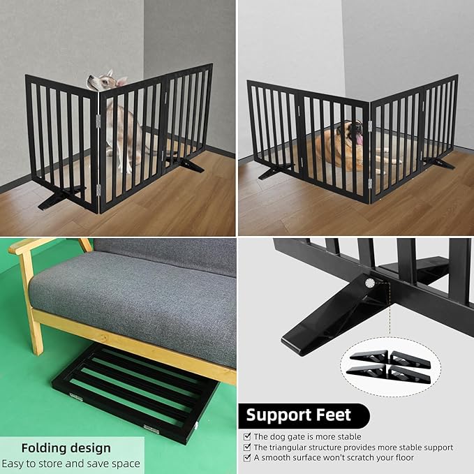 ZJSF Freestanding Indoor Dog Gate for House Foldable Wood Puppy Gate for Doorways Pet Gate for Stairs Extra Wide Pet Fence, Black, 32" Height 3 Panels