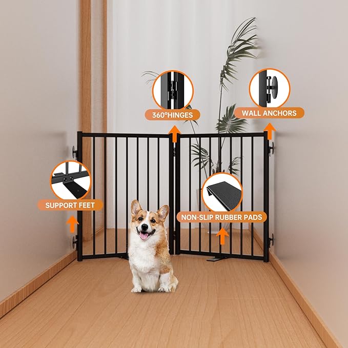 Full Metal Freestanding Dog Gate with Door, 24'' Height Foldable Pet Dog Fence for Indoor & Outdoor, 2 Panels Extra Wide Free Standing SmallDog Gates for Doorways,House,Stairs,Porch,Deck,Yard
