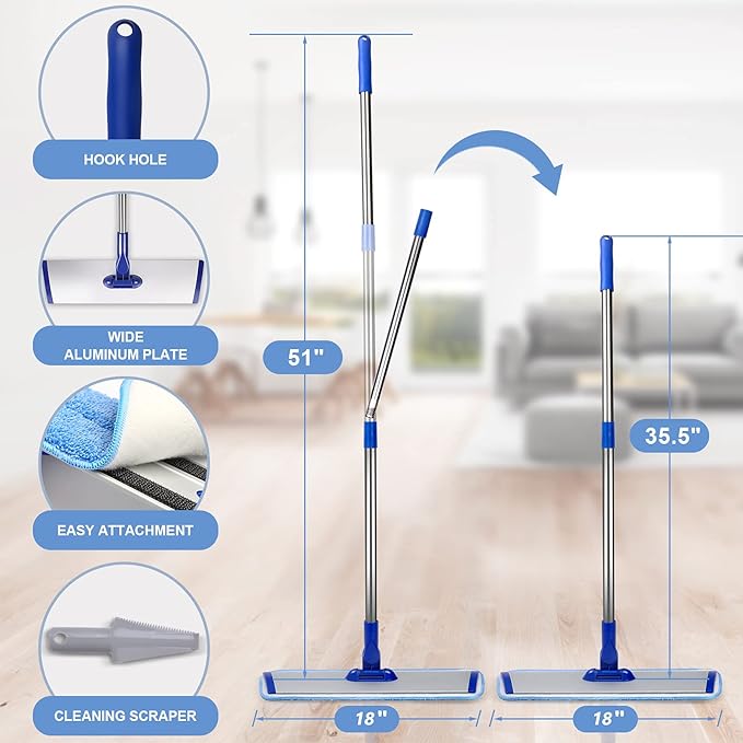 18" Professional Microfiber Mop Floor Cleaning System, Flat Mop with Stainless Steel Handle, 4 Reusable Washable Mop Pads, Wet and Dust Mopping for Hardwood, Vinyl, Laminate, Tile Cleaning