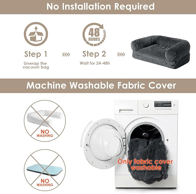 EHEYCIGA Foldable L Dog Bed, Faux Fur Fluffy Dog Couch Bed, Orthopedic Calming Memory Foam L Pet Bed for Large Dogs, Washable Soft Warm Pet Sofa Bed with Non-Slip Bottom, Dark Grey, 40"x30"x6"