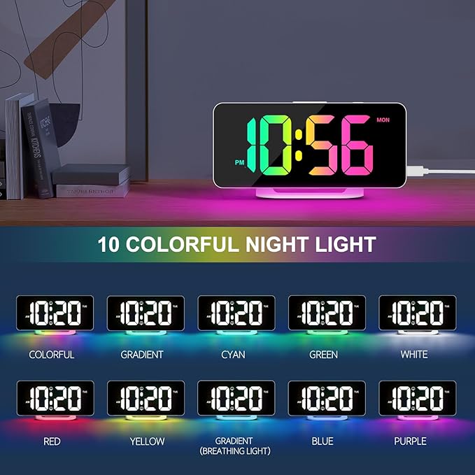 Hournor Digital Alarm Clock, LED Digital Clock for Bedrooms with 10 Color Changing Night Light, Adjustable Brightness, USB Charging Port, Bedside and Desk Clocks for Living Room Office (White)