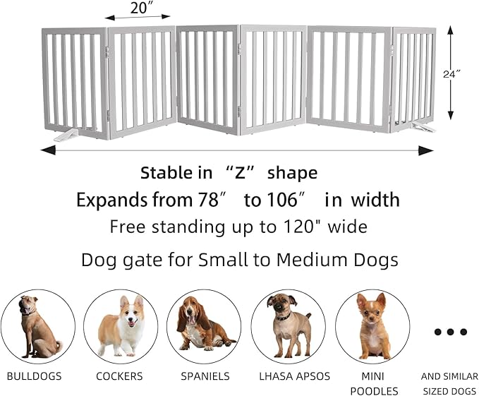 ZJSF Freestanding Indoor Dog Gate for House Foldable Wood Puppy Gate for Doorways Pet Gate for Stairs Extra Wide Pet Fence, Grey, 24" Height 6 Panels