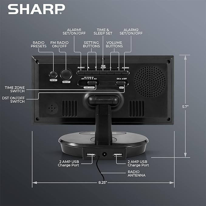 Sharp Digital Alarm Clock, 8.9" Extra Large LED Clock with Tilt and Swivel Display, AccuSet Automatically Sets The Time, Dual USB Charger Ports, FM Radio, 3 Level Adjustable Dimmer Brightness