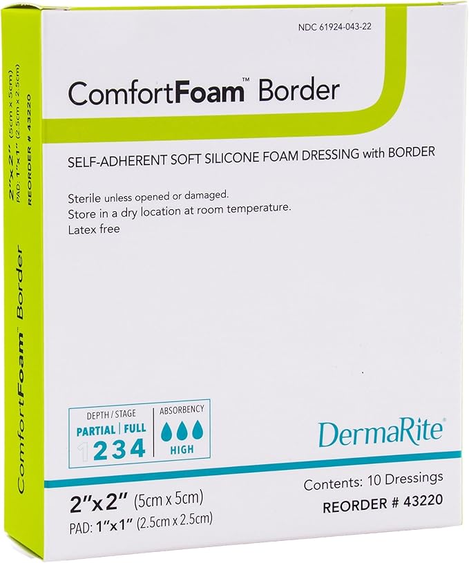 DermaRite's ComfortFoam Border, Foam Wound Dressing - Flexible and Soft Silicone, Self Adhesive, No Natural Rubber Latex - 2 in. x 2 in., 1 Count, 10 Packs, 10 Total