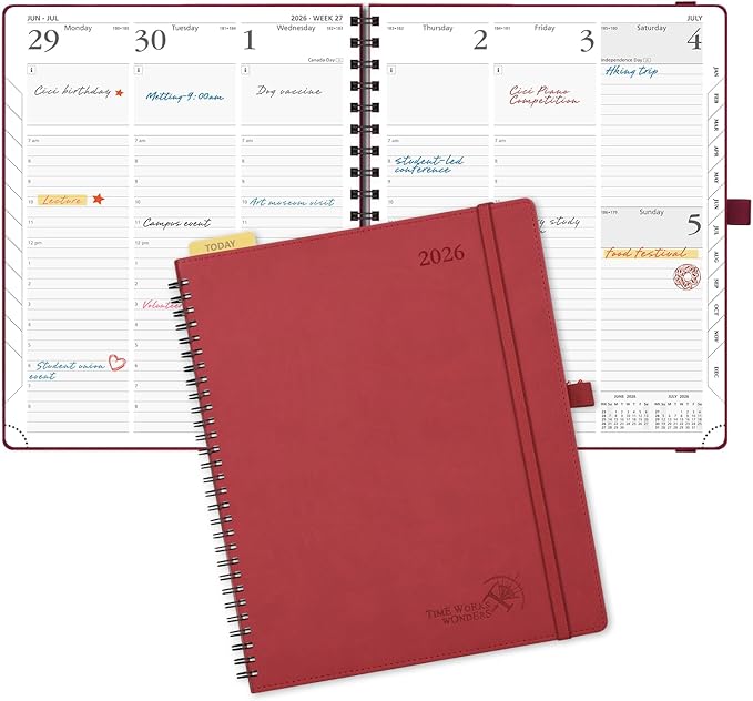 POPRUN 2026 Planner (Large - 8.5" x 10.5") with Hourly Schedule, Vertical Layout - 2026 Weekly Calendar (Jan. 2026 - Dec.2026) for Time Management, Monthly Tabs, Spiral Bound, Soft Cover - Burgundy Red
