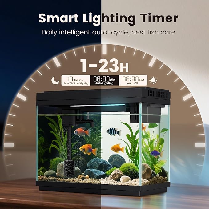 Fishkeeper 2.3G Smart Aquarium - Ultra Clear Glass Fish Tank w/Auto Timer 8-Color RGB Lights, 4-in-1 Self-Cleaning Silent Water Pump, Aromatherapy, Temperature Display, Perfect for Desktop Decor