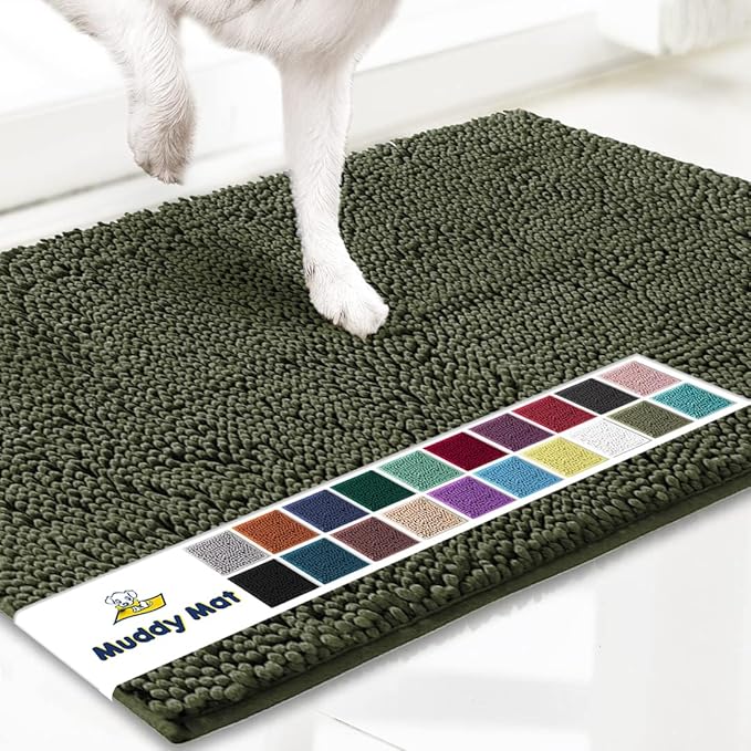 Muddy Mat® Original Dog Door Mat for Muddy Paws, Super Absorbent Microfiber, Non-Slip Washable Pet Rug, Quick Dry Chenille Entryway Carpet, Machine Washable Indoor Outdoor mat, Army Green 19"x30"