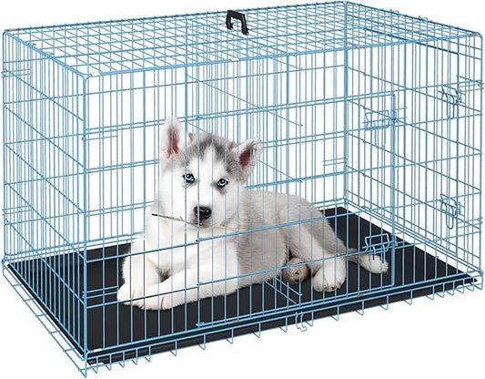 FDW Dog Crate for Small Dogs 24 Inch Folding Metal WirePet Cage Double Door W/Divider Panel Indoor Outdoor Kennel Leak-Proof Plastic Tray,Blue