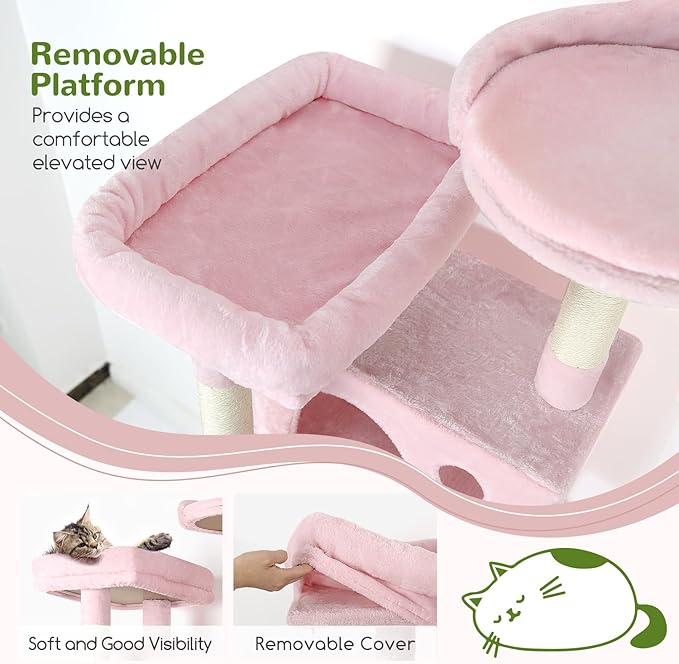 Globlazer Pink Cat Tree, 70 inch Tall Scratching Tower Multi-Level Cat Condo for Indoor Multiple Cats with 2 Large Cat Caves, Top Perch, Large Platform, Bottom Swing, F70B, Pink