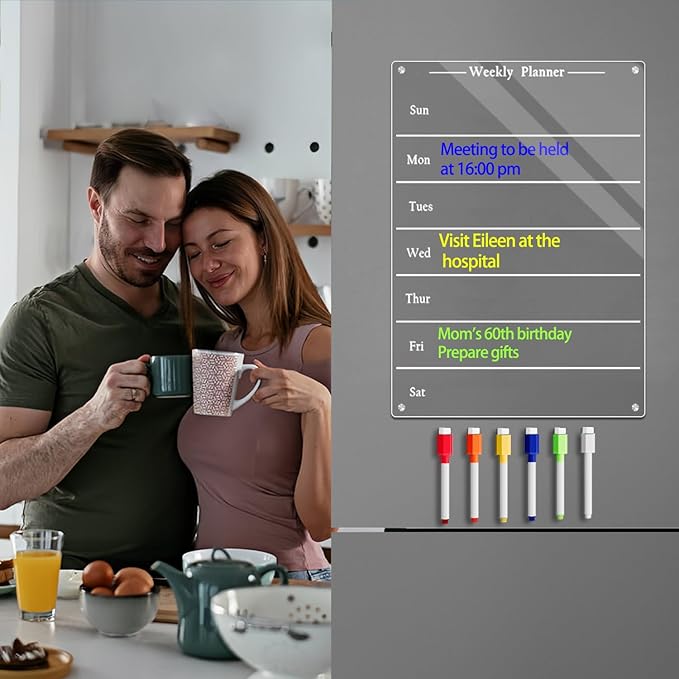 9"x13" Clear Weekly Meal Planner Magnetic Acrylic Board,Acrylic Magnetic Dry Erase Board for Fridge, Magnet Week Calendar for Refrigerator Includes 6 Colors Markers