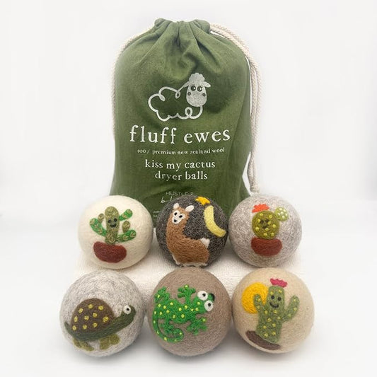 Fluff Ewes Wool Dryer Balls 6 Pack Premium New Zealand Wool Laundry Balls for Dryer, No Static Dryer Balls Laundry Reusable, XL Wool Dryer Balls Cute, Baby Dryer Balls for Dryers - Kiss My Cactus