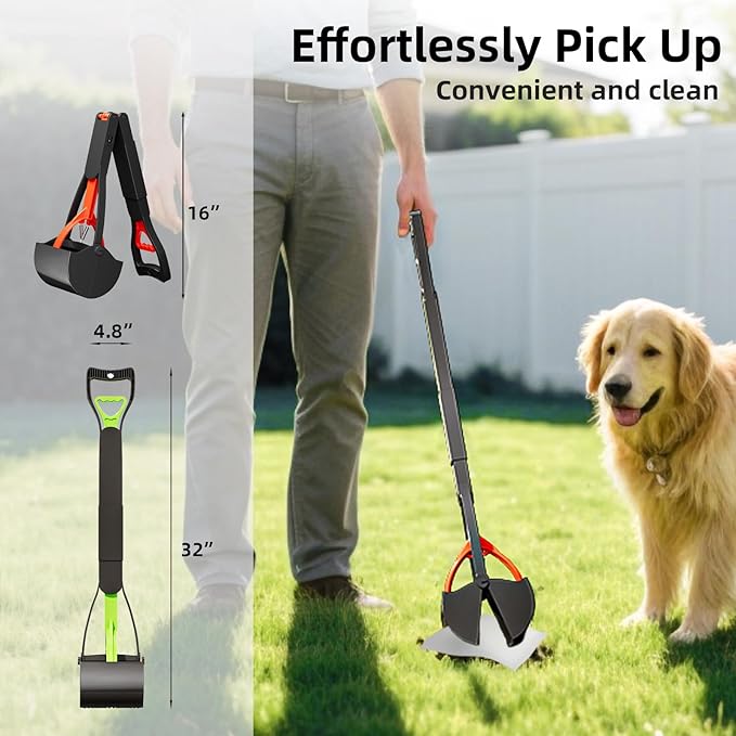 2 Pack 32 Inch Foldable Dog Pooper Scooper,Dog Poop Pick Up Tool for Large&Small Dogs,Sturdy & Light Weight,Easy to Carry and Clean