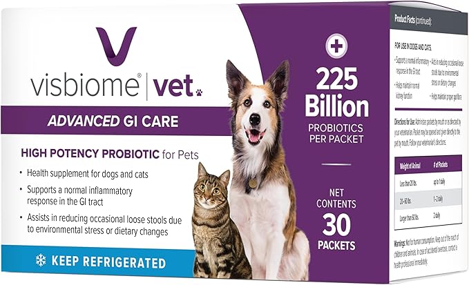 Visbiome® Vet Advanced GI Care Probiotic for Dogs & Cats – 225B CFU, 8-Strain Formula – Veterinarian Recommended, Clean Label Certified – 30 Packets
