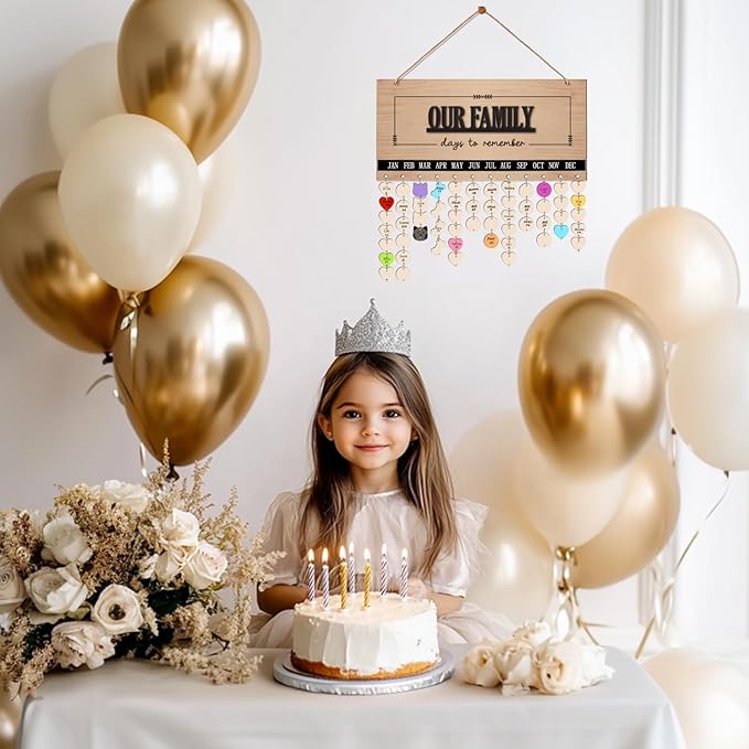 Family Birthday Calendar Board Wall Hanging with Tags, Family Birthday Plaque with Tag Wooden Memory Days Reminder Wall Hanging Home Décor Wood Anniversary Tracker with 104 Tags, Valentines Day Christmas Gifts for Lovers Friends (OUR FAMILY)