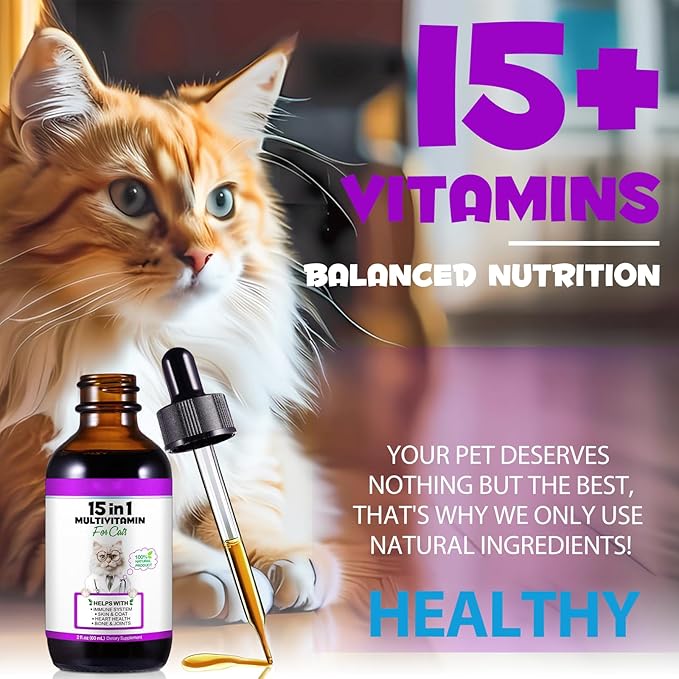 Cat Multivitamin,15 in 1 Cat Vitamins Liquid Drops Supplements for Heart Health, Bones, Joint, Skin & Coat, Bladder, Immune System Support 60ml