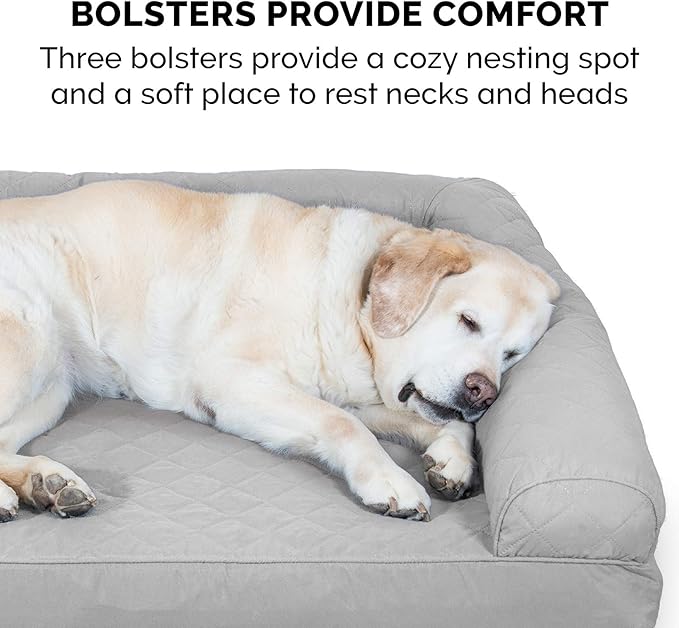 Furhaven Cooling Gel Dog Bed for Large Dogs w/ Removable Bolsters & Washable Cover, For Dogs Up to 125 lbs - Quilted Sofa - Silver Gray, Jumbo Plus/XXL