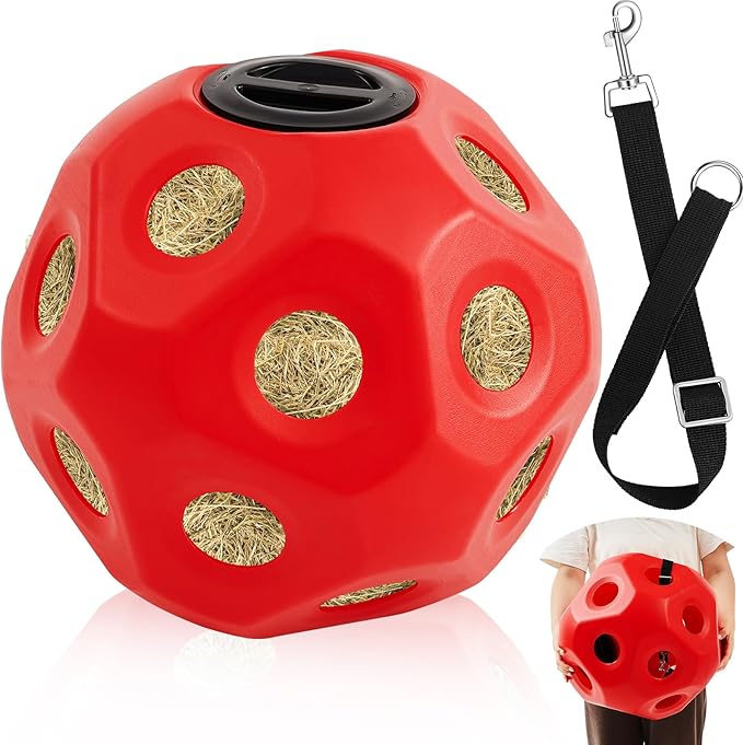 15.75" Hay Ball for Horse with Hanging Strap Slow Feed Horse Treat Ball Extra Large Hanging for Paddock Stall Stable Supplies(Red)
