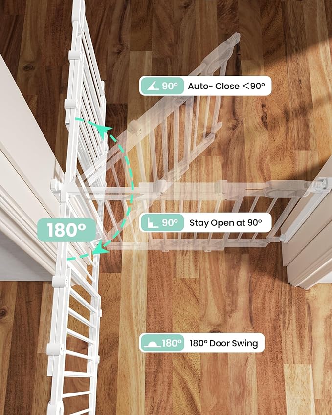Grownsy Baby Gate for Stairs- No Bottom Bar, Adjustable Width 29.8” to 43.5” for Child and Pet, Dog Gate with Auto-Close & One-Hand Operation, Screw-in Installation for Doorways and Indoor Use