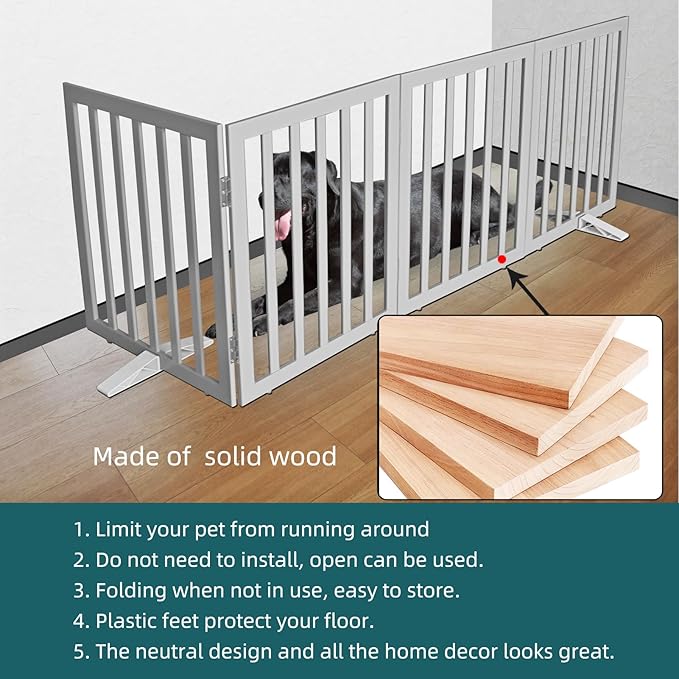 ZJSF Freestanding Indoor Dog Gate for House Foldable Wood Puppy Gate for Doorways Pet Gate for Stairs Extra Wide Pet Fence, Grey, 32" Height 4 Panels