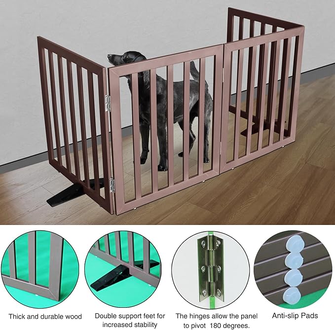 ZJSF Freestanding Indoor Dog Gate for House Foldable Wood Puppy Gate for Doorways Pet Gate for Stairs Extra Wide Pet Fence, Brown, 24" Height 4 Panels