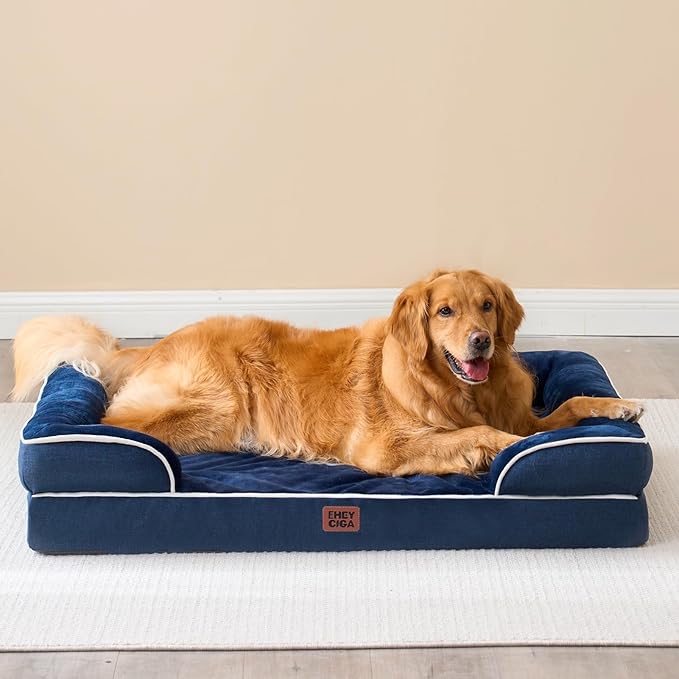 EHEYCIGA Orthopedic XL Dog Beds, Waterproof Memory Foam Dog Bed for Extra Large Dogs, Non-Slip Bottom and Egg-Crate Foam Big Pet Couch Bed with Washable Removable Cover, Navy