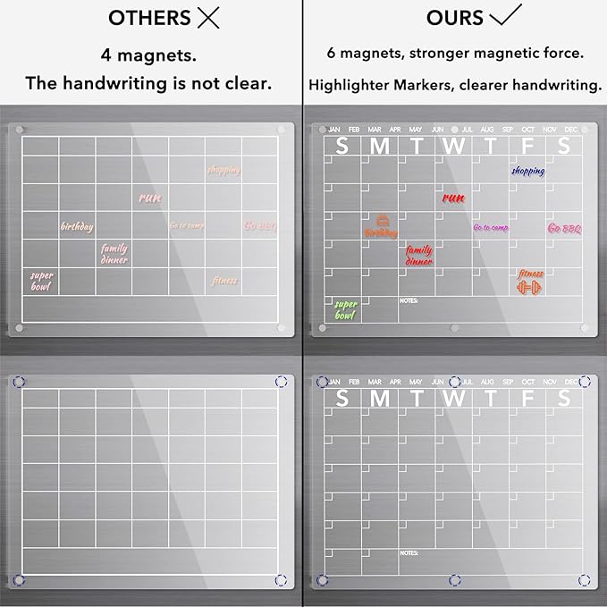 Acrylic Magnetic Dry Erase Board Calendar for Fridge, Clear Monthly Planner Whiteboard for Refrigerator, w/ 8 Colors Markers, 15"x11"