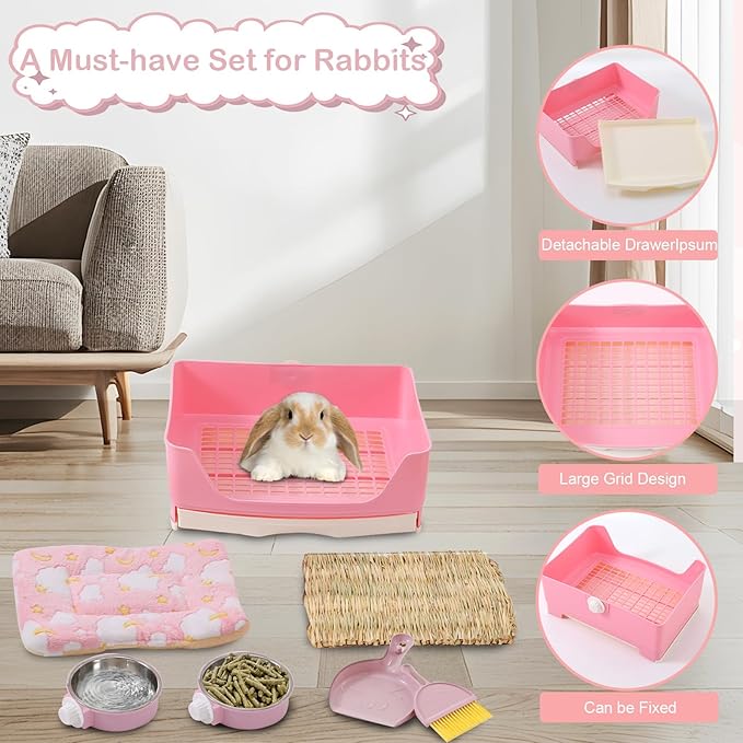 25 Pcs Large Rabbit Starter Kit, Bunny Litter Box with Drawer Animal Grooming Kit Stacking Cups Bowl Blankets Mat with Cleaning Set for Adult Guinea Pig, Ferret, Hamster, Bunnies Accessories (Pink)