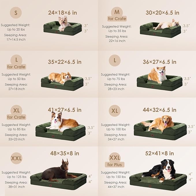 EHEYCIGA Orthopedic Dog Beds for Large Dogs, Waterproof Memory Foam Large Dog Bed with Sides, Non-Slip Bottom and Egg-Crate Foam Pet Couch Bed with Washable Removable Cover, Dark Green