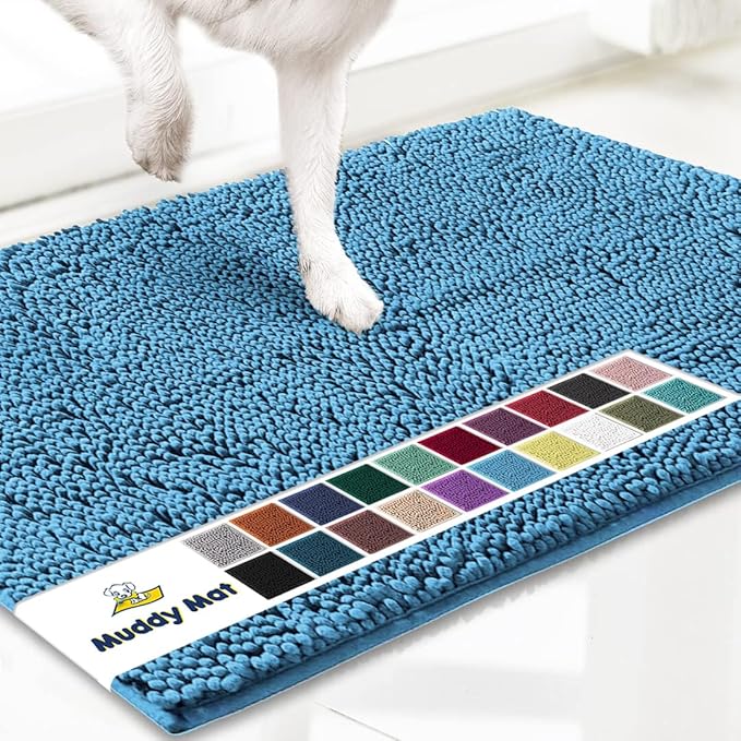 Muddy Mat® AS-SEEN-ON-TV Highly Absorbent Microfiber Door Mat and Pet Rug, Non Slip Thick Washable Area and Bath Mat Soft Chenille for Kitchen Bathroom Bedroom Indoor and Outdoor - Sky Blue 24" x 96"