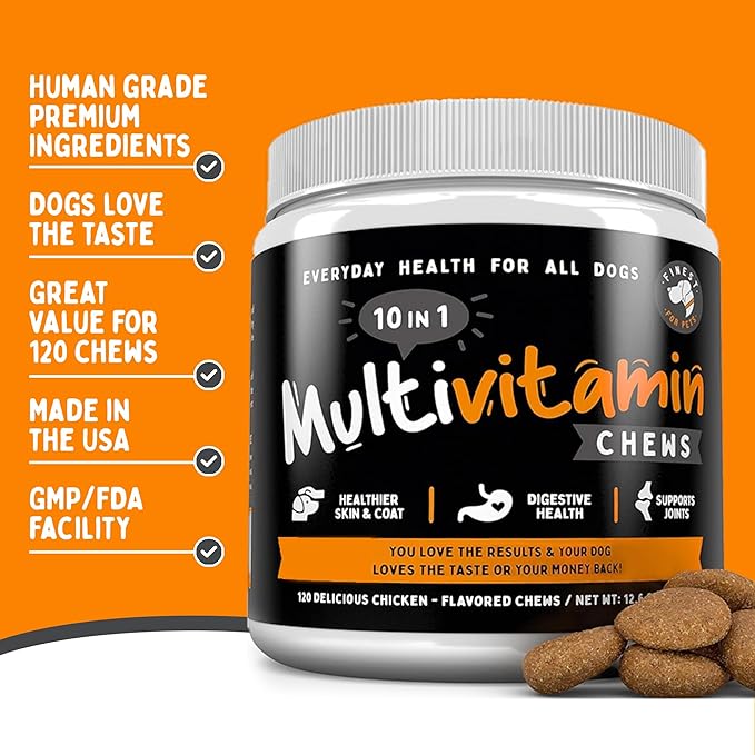 Multivitamin Dog Supplement – 10 in 1 with Omega Fish Oil & Glucosamine for Improved Joint & Skin Support, Gut, Digestion & Immune Everyday Health (120 Chewable Treats)
