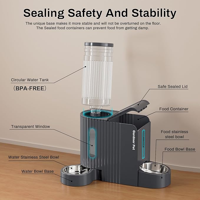 Gardner Pet Automatic Gravity Cat Food Feeder and Water Dispenser Stainless Steel Two-in-One Set Large Capacity Dispenser for Medium, Large Dogs, Puppies, Kittens, Rabbits-(1.6 Gallons x 2)