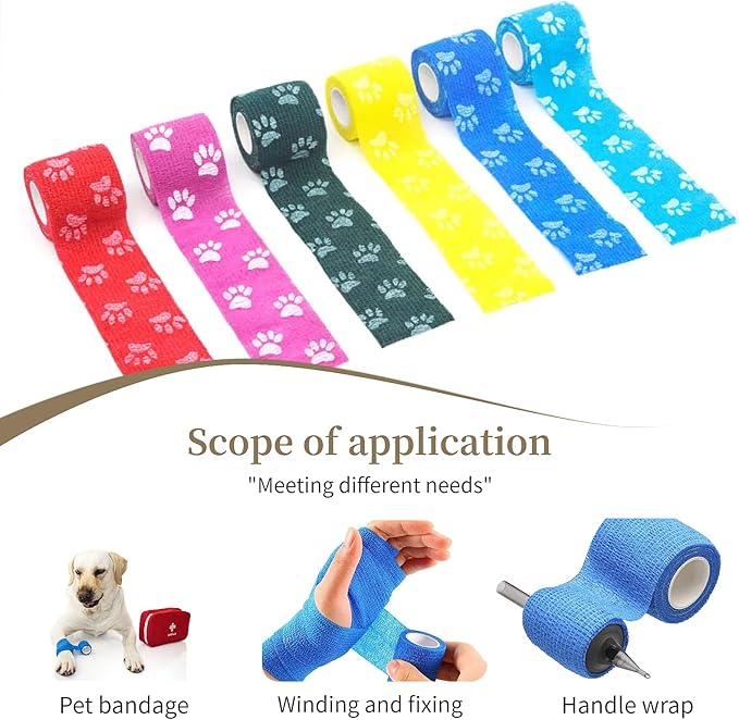 Pet Bandage 6 Rolls, Adhesive Bandage, Self Adhesive Bandage, First Aid Adhesive Gauze, for Horses, Dogs,Cats, Birds, Animals (Paw Prints, 2 Inch (Pack of 6))