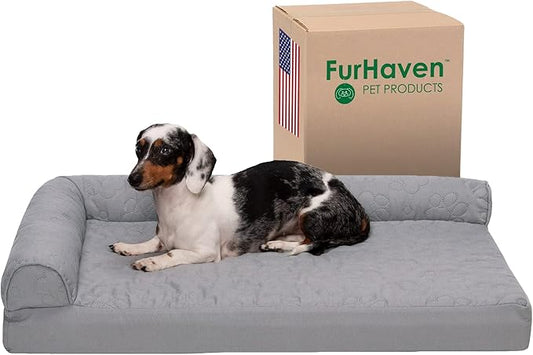 Furhaven Cooling Gel Dog Bed for Medium/Small Dogs w/ Removable Bolsters & Washable Cover, For Dogs Up to 35 lbs - Pinsonic Quilted Paw L Shaped Chaise - Titanium, Medium