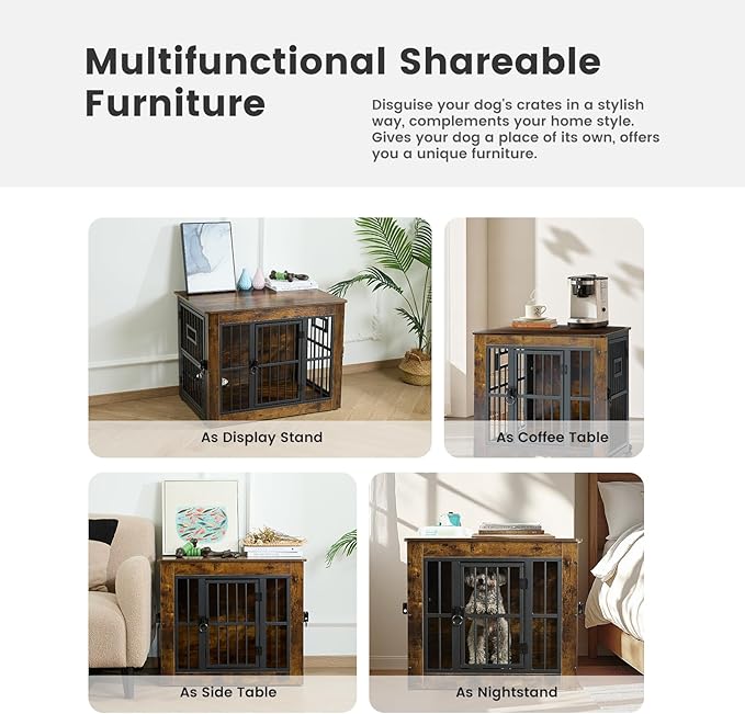 Gardner Pet Dog Crate Furniture for Medium Dogs, 38.8 Inch Dog Kennel Indoor, Wooden Dog Cage End Table with 2 Removable Bowls, Heavy Duty Dog Crate, Rustic Brown