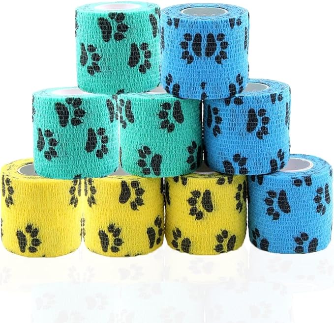Self Adhesive Bandage Wrap - Pack of 09 Assorted Colors, Breathable & Water-Resistant Vet Wrap for First Aid, Sports Injury, Body Sprains, & Pets (2 Inch Paw Print Multicolor - 09 Pack)