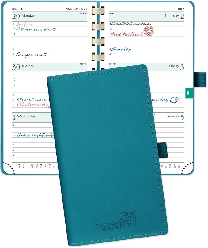 POPRUN 2026 Pocket Planner (Slim Size 3.5" x 6.5") Weekly and Monthly Calendar for Purse, with Hourly Time Slots, 100GSM Thick Paper, Spiral Soft Cover, Pen Holder - Pacific Green