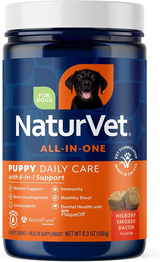 NaturVet All-In-One Puppy Daily Care, 6-In-1 Support Dog Soft Chews to Help Bones, Joints, Digestion, Teeth, Cognition, and More, Hickory Smoked Bacon Flavored Pet Supplement for Puppies, 60 Count Jar