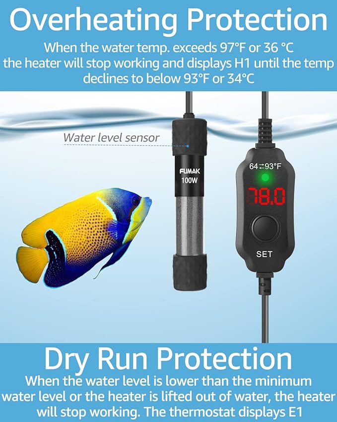 100W Adjustable Aquarium Heater Super Short Submersible Fish Tank Heater Fish Heater with LED Digital Display Thermostat, for Tanks 10-20 Gallons