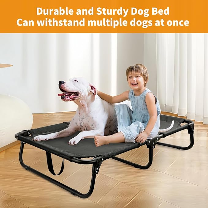 Elevated Dog Bed, Foldable Raised Dogs Bed Outdoor Dog Cots Beds for Large Dogs Cooling Outside Camping Chew-Proof No Assembly Need, Black