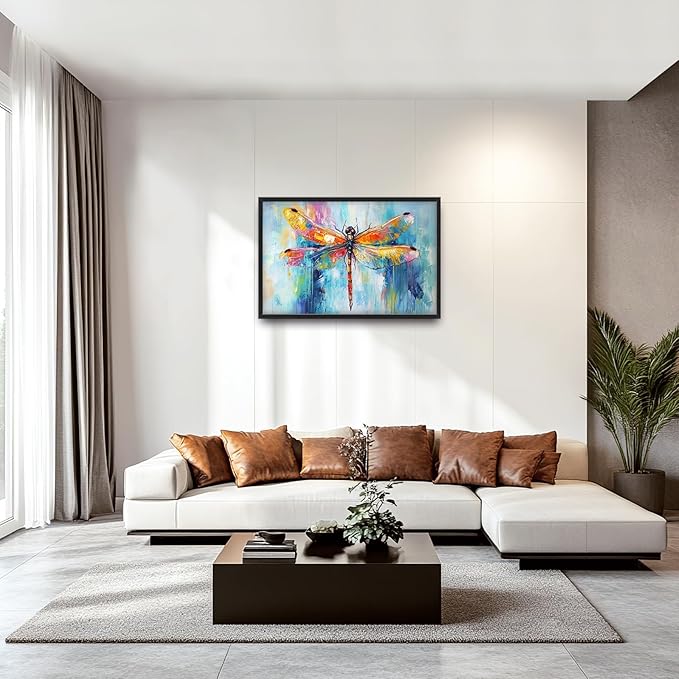 Extra Large Abstract Dragonfly Framed Wall Art for Living Room,Oversized Colorful Dragonfly Pictures Wall Decor,Teal Canvas Print Painting Modern Artwork Bedroom Office Bathroom 36L" x 24W"
