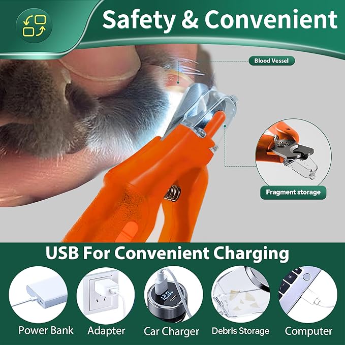 2-in-1 Cat Nail Clippers & Dog Nail Clippers Trimmers for Large Medium Small Dogs Cats Claw Trimmer Quick Sensor and Safety Guard USB Rechargeable with 2 LED Lights Dogs Nail Trimmer
